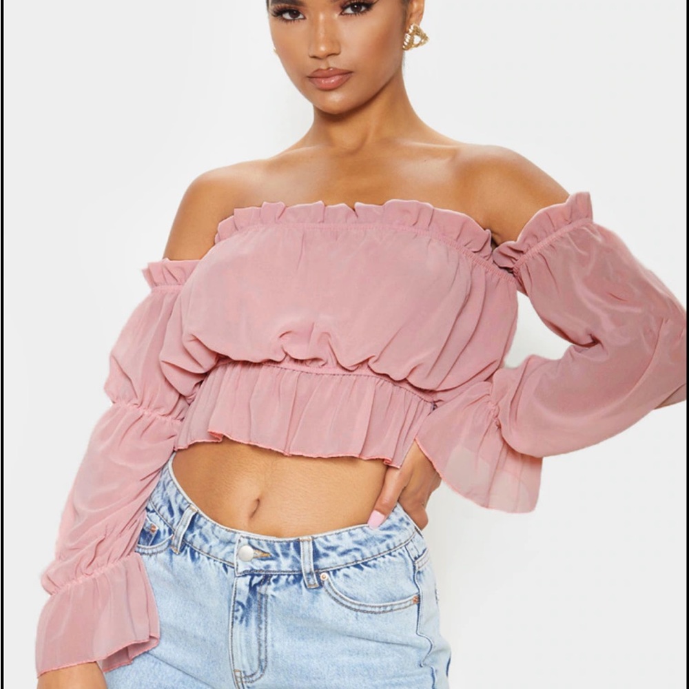 NWT Pretty Little Thing Dusty Lilac Woven Ruffle Bardot Flared Sleeve Blouse SM